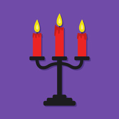 Three wax candlestick set. Yellow light fire. Black candle holder with burning red candles. Simple sign symbol. Cartoon icon. Happy Halloween. Flat design. Violet background. Isolated. Vector