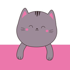 Gray peeking cat kitten icon. Cartoon kawaii baby character. Cute kitty funny smiling face head. Paws holding paper. Contour line doodle. Childish style. Flat design. White pink background. Vector
