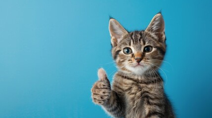 Fototapeta premium Adorable Tabby Kitten Giving a Thumbs Up Gesture Against a Bright Turquoise Background