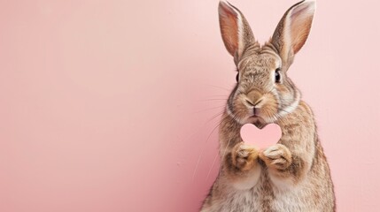 Obraz premium An Adorable Brown Rabbit Affectionately Gripping a Pink Heart Against a Pink Background, Inspiring Love and Warmth