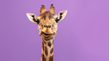 Obraz premium A Close-Up Portrait of a Giraffe with a Quizzical Expression and Detailed Facial Patterns against a Lavender Background