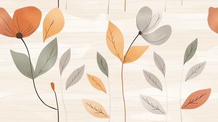 Minimalist floral wallpaper with abstract orange and gray leaves and flowers on a light background, perfect for modern home decor.