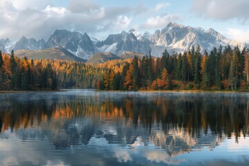 A tranquil lake nestled amidst a forest of autumnal foliage with a panoramic view of the High Tatras mountains reflected in its still waters