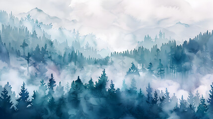 Watercolor foggy forest 