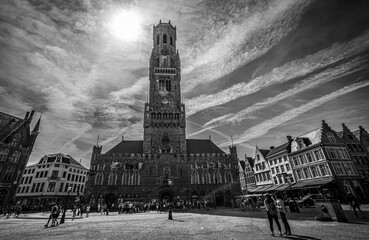 Black and White View of the Medieval Belfry and the Busy Markt Square in Bruges - Belgium