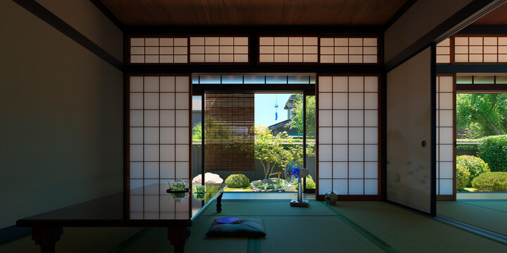 強い日差しが照りつける夏の庭と日陰になった日本家屋の和室 / 夏休み・帰省・田舎の実家・昭和レトロなロケーションイメージ / 3Dレンダリング