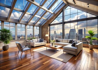 Spacious open-plan luxury attic loft apartment with sleek wooden floors, large windows, and chic modern furniture, offering stunning city skyline views.