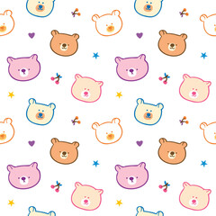 Seamless Pattern with Cute Cartoon Bear Face Design on White Background
