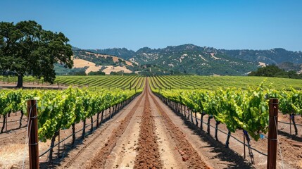 Naklejka premium A vineyard with rows of grape vines and a blue sky in the background