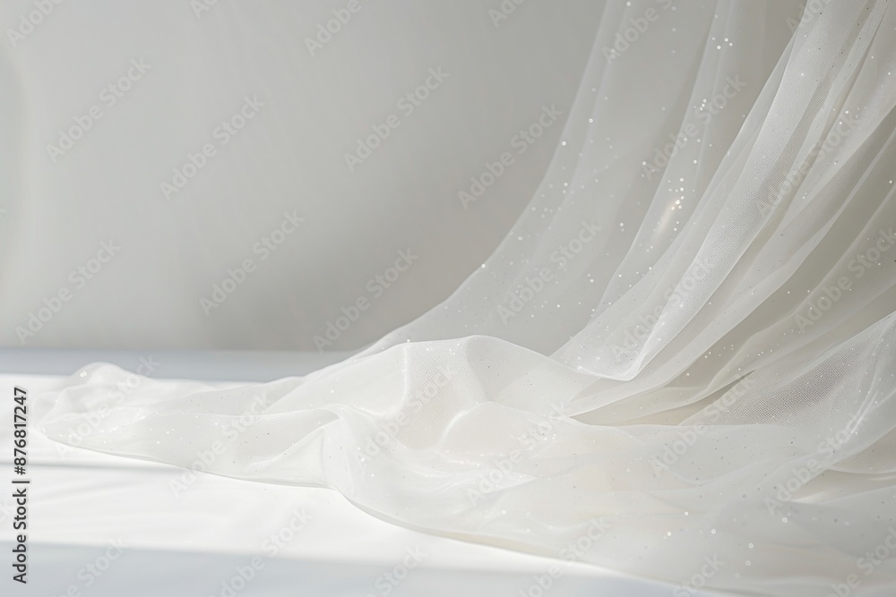 Aufkleber a soft, white sheer fabric with subtle sparkles flows gently on a plain white background. the light 