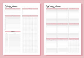 Planners set. Daily and weekly planners. Blank white notebook page A4.