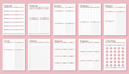 Planners set. Daily, weekly, monthly, yearly, habit tracker, to do list, goal, monthly budjet, weekly budjet and challenge. Blank white notebook page A4.