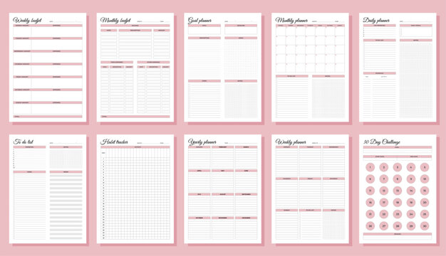 Planners set. Daily, weekly, monthly, yearly, habit tracker, to do list, goal, monthly budjet, weekly budjet and challenge. Blank white notebook page A4.