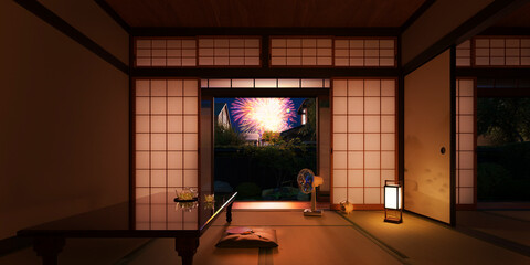 屋根の向こうの打ち上げ花火を眺める夏の日本家屋の和室 / 夏休み・帰省・田舎の実家・昭和レトロなロケーションイメージ / 3Dレンダリング