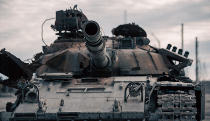 destroyed battle tank in a city lost during the war in Ukraine