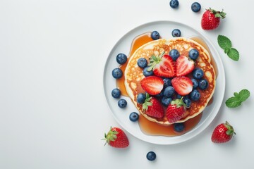 A top-down view of a white plate with a stack of fluffy buttermilk pancakes topped with fresh strawberries, blueberries, and a drizzle of syrup