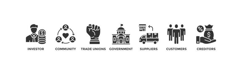 Stakeholder relationship banner web icon vector illustration concept for stakeholder, investor, government, and creditors with icon of community, trade unions, suppliers, and customers	