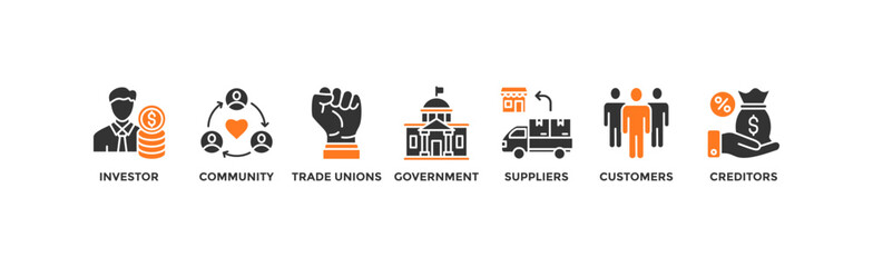 Stakeholder relationship banner web icon vector illustration concept for stakeholder, investor, government, and creditors with icon of community, trade unions, suppliers, and customers	