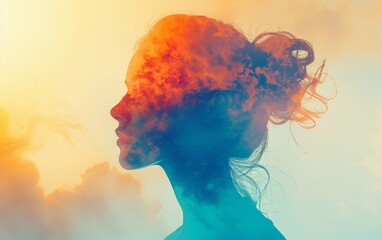 A woman's profile is obscured by colorful, ethereal clouds, creating a dreamlike and abstract image of her thoughts.