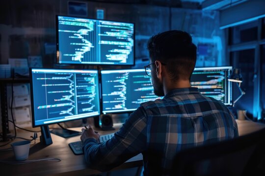 Back view of professional software developer coding program or engineering prompt. Skilled programmer typing computer and laptop while developing system with blurring background. Technology. AIG42.
