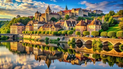 Ancient medieval architecture lines cobblestone streets of Ville de Bergerac, Dordogne River reflections shine amidst charming historic buildings, vineyards, and rolling hills of southwest France.