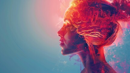 Abstract portrait of a woman with fiery hair and glowing eyes.  The colors are vibrant and the image is full of energy.