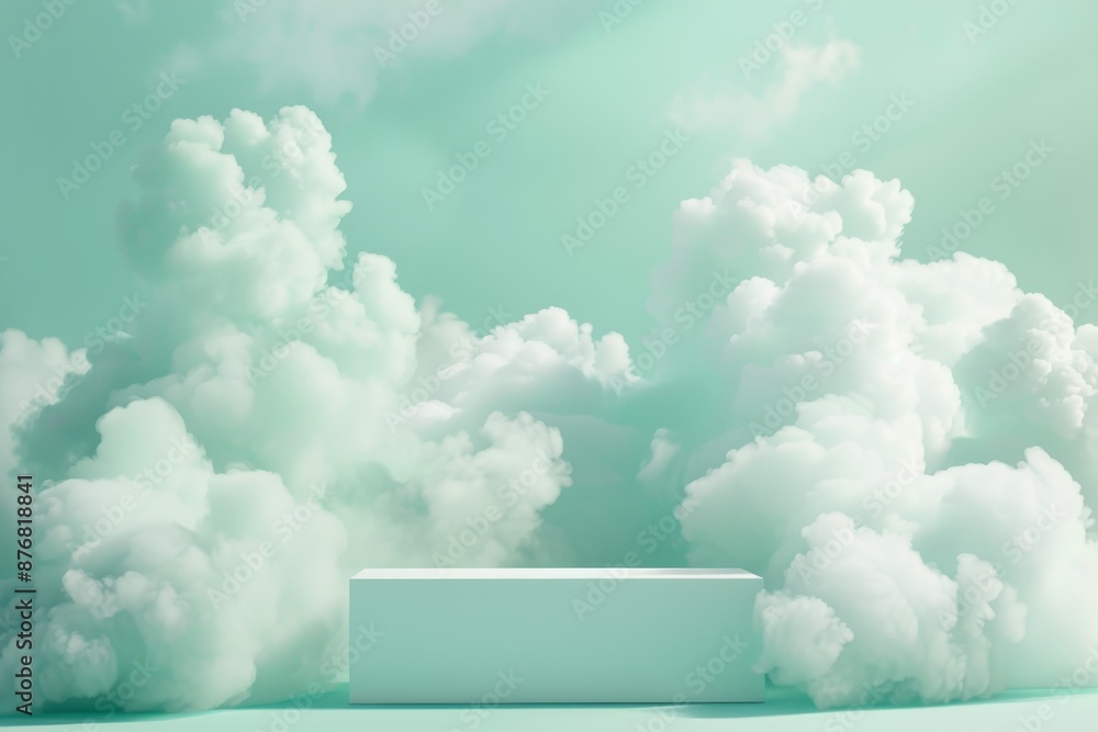Poster a white rectangular display stand sits in the foreground against a backdrop of soft, white clouds on