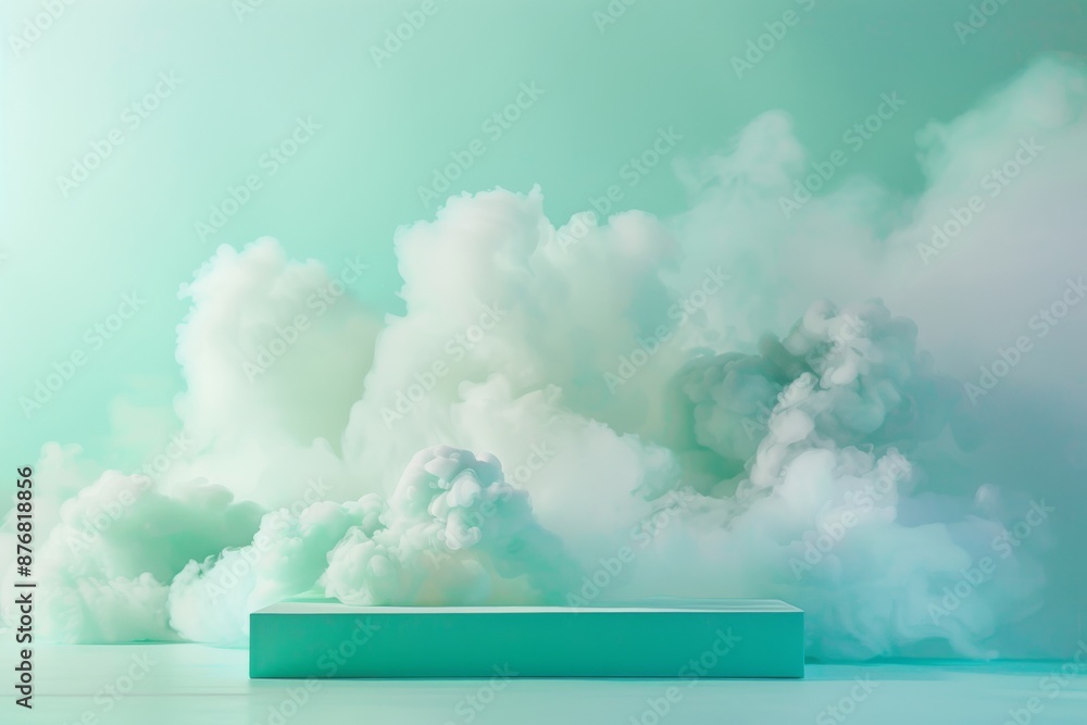 Poster a white rectangular display stand is positioned in front of a light green background with white clou
