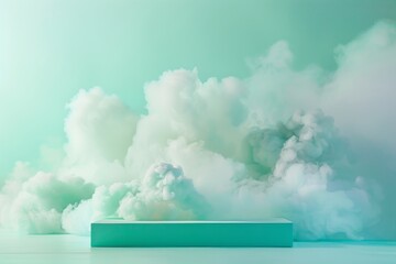 A white rectangular display stand is positioned in front of a light green background with white clouds