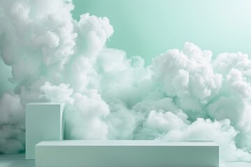 A white rectangular display stand is positioned against a backdrop of fluffy white clouds, with a soft mint green color cast over the entire scene
