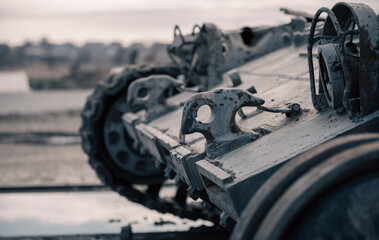 destroyed battle tank in a city lost during the war in Ukraine
