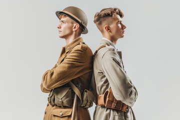 Two men stand back to back, one in a historical military uniform and the other in a modern one, symbolizing the evolution of military attire and the enduring spirit of soldiers.