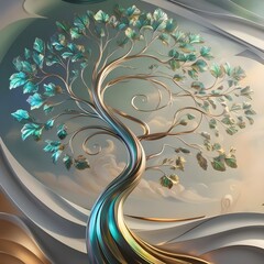 elegant colorful tree with vibrant leaves hanging branches bright color 3d abstraction wallpaper for interior mural painting wall Gerenative AI