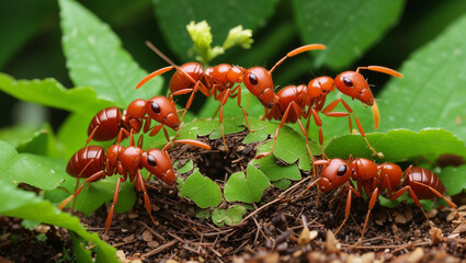 The image shows five red ants on a green leaf. They are all facing the camera.

