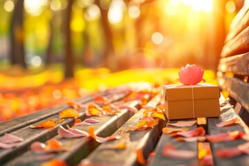 Gift Box on Bench with Autumn Leaves