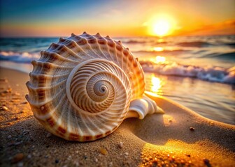 Intimate close-up of a delicate, swirling seashell with intricate layers and patterns on a sun-kissed beach, evoking serenity and natural beauty.