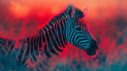 Beautiful zebra with neon colors in nature. Abstract wildlife photography showcasing vibrant hues against a surreal background.