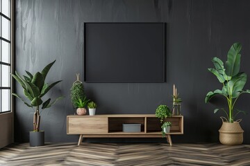 Empty Mockup frame on cabinet in living room interior on empty dark wall background