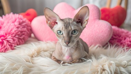 Sphynx cat relaxing on a white fur blanket with pink plush hearts and flowers