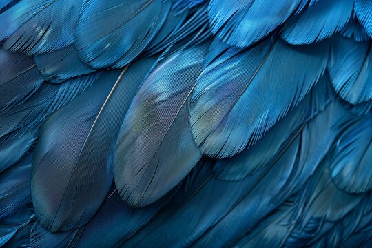 Closeup of overlapping, delicate blue bird feathers creating a textured background