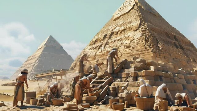 Historic pyramid construction with slave workers under a blue sky.