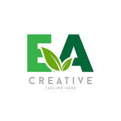 Letter EA Creative Agro, agriculture vector logo with leaf symbol.