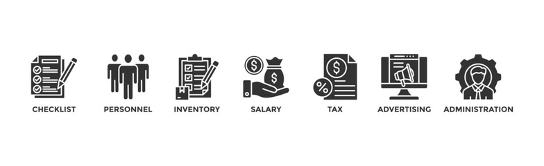 Cost reduction banner web icon illustration concept with icon of checklist, personnel, inventory, salary, tax, advertising and administration	