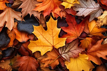 High-detail photo of a mix of different types of autumn leaves on the ground