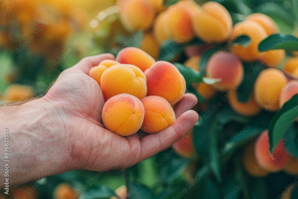 Poster A hand holds a handful of ripe apricots, showcasing their golden color and soft fuzz. The background is a soft focus of a tree laden with apricots, creating a picturesque summer scene