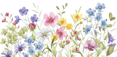 Watercolor wild flowers border banner for stationary, greetings, etc. floral decoration. Hand drawing