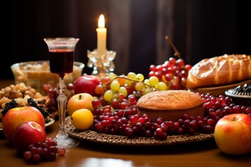 Photo of a Rosh Hashanah festive atmosphere with a beautifully decorated table and traditional holiday symbols