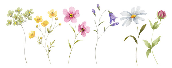Wild flowers botanical set, floral watercolor illustration for greeting card, invitation, poster and other printing design. Isolated on white. Hand drawing. © Larisa