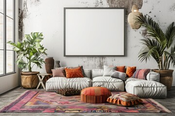 Interior design of a bohemian living room with a big blank poster frame,