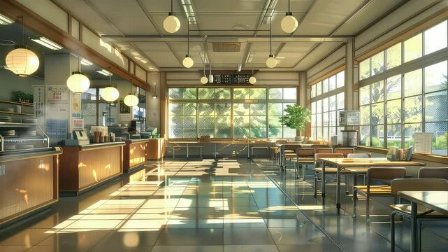 Animation Sunlit modern caf&eacute; interior with empty tables generated with ai